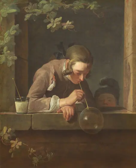 A young man and child, both with pale skin, are framed within the rectangular opening of a stone window in this vertical painting. At the center, the young man leans toward us over his forearms, which rest on the wide ledge.