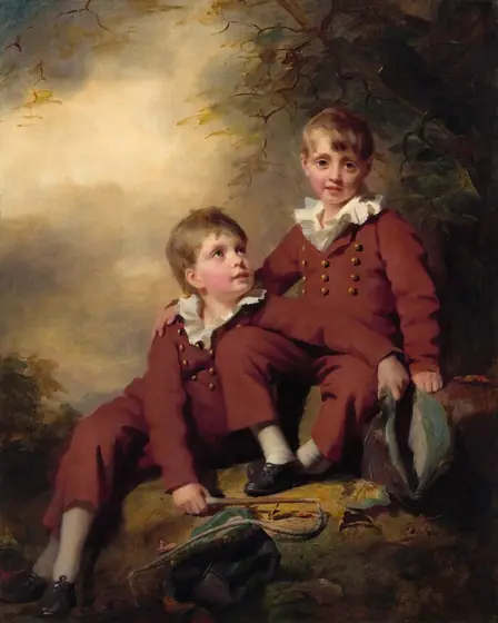 Two young boys sit side by side on some boulders with a cloudy sky behind them and dark tree branches above in this vertical portrait painting.