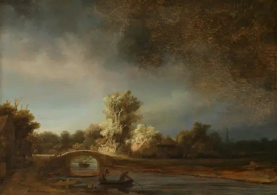 Landscape with a Stone Bridge, Rembrandt van Rijn, c. 1638, oil on panel