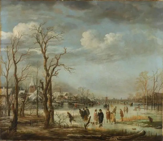 Winter Landscape near a Town with Bare Trees, Aert van der Neer, c. 1650 - c. 1655, oil on canvas