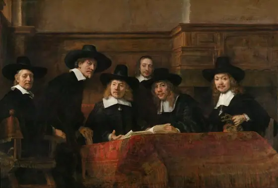 The Sampling Officials of the Amsterdam Drapers’ Guild, Known as ‘The Syndics’, Rembrandt van Rijn, 1662, oil on canvas