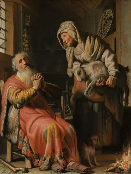Tobit and Anna with the Kid, Rembrandt van Rijn, 1626, oil on panel