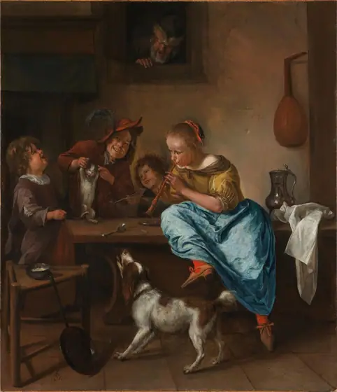 Children Teaching a Cat to Dance, Known as The Dancing Lesson, Jan Steen, 1660 - 1679, oil on panel