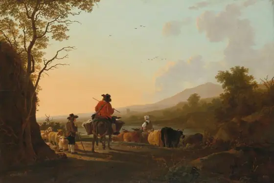Landscape with Cattle Driver and Shepherd, Jacob van Strij, c. 1780 - c. 1785, oil on panel
