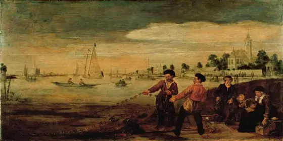 Fishermen on the Bank of the Amstel near the Pauwentuin, Amsterdam, Arent Arentsz, c. 1625 - c. 1630, oil on panel
