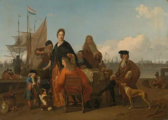The Bakhuysen and de Hooghe Families dining at the Mosselsteiger (Mussel Pier) on the Y, Amsterdam, Ludolf Bakhuysen, 1702, oil on canvas