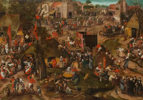 A Flemish Kermis with a Performance of the Farce ‘Een cluyte van Plaeyerwater’, Peeter Baltens, c. 1570, oil on panel