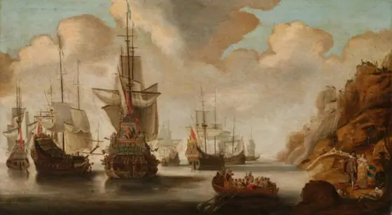 A French Squadron near a Rocky Coast, Jacob Bellevois, 1640 - 1676, oil on panel