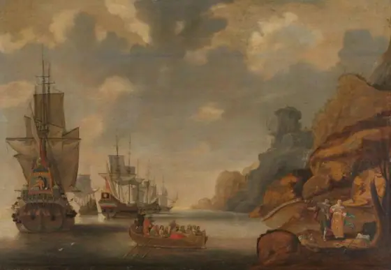 A French Squadron near a Rocky Coast, Jacob Bellevois, 1640 - 1676, oil on panel