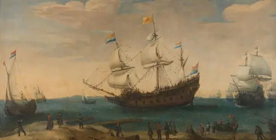 East Indiamen off a Coast, Hendrick Cornelisz Vroom, c. 1600 - c. 1630, oil on canvas