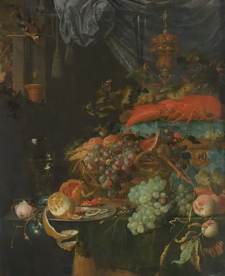 Still Life with Fruit and a Goldfinch, Abraham Mignon, 1660 - 1679, oil on canvas