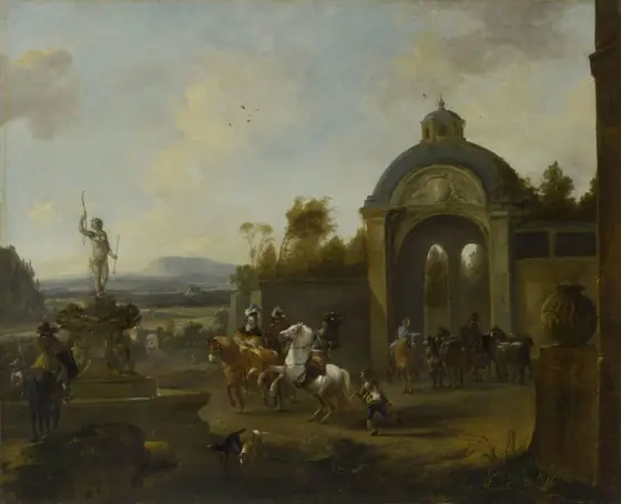 Hunting Party at a Fountain, Pieter Wouwerman, 1660 - 1682, oil on canvas