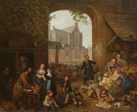 Two Drunkards at the Market near the Westerkerk in Amsterdam, Peter Paul Joseph Noël, 1821, oil on canvas