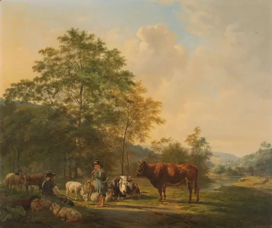 Hilly Landscape with Shepherd, Drover and Cattle, Pieter Gerardus van Os, 1815 - 1839, oil on canvas