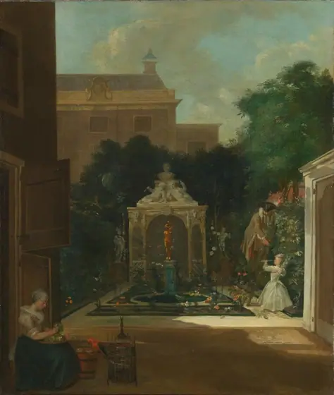 An Amsterdam Canal House Garden, Cornelis Troost, c. 1740 - 1745, oil on canvas