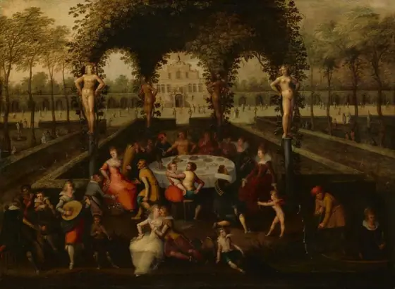 Venus, Bacchus and Ceres with Mortals in a Garden of Love, Louis de Caullery, 1590 - 1621, oil on panel