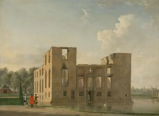 Rear View of Berckenrode Castle in Heemstede after the Fire, Jan ten Compe, 1747, oil on panel