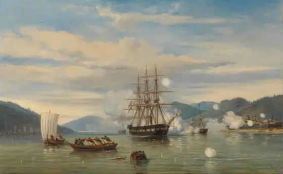 HMS Steam-Powered Battleship Medusa Opening the Shimonoseki Straits, jonkheer Jacob Eduard van Heemskerck van Beest, 1864, oil on canvas