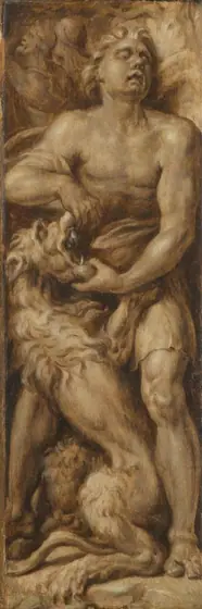 Triumph over Evil: Samson Rending the Lion | Pluto and Cerberus, Maarten van Heemskerck, c. 1550 - c. 1560, oil on panel