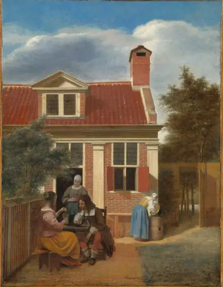 Figures in a Courtyard behind a House, Pieter de Hooch, c. 1663 - c. 1665, oil on canvas