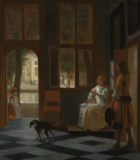 Man Handing a Letter to a Woman in the Entrance Hall of a House, Pieter de Hooch, 1670, oil on canvas