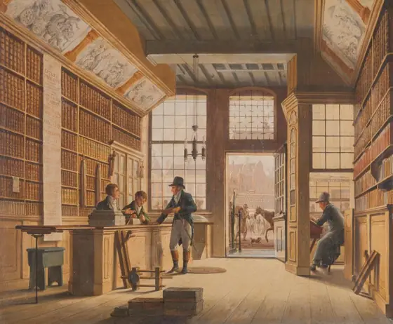 The Shop of the Bookdealer Pieter Meijer Warnars on the Vijgendam in Amsterdam, Johannes Jelgerhuis, 1820, oil on canvas