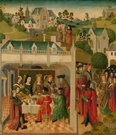 Wedding Feast of Saint Elizabeth of Hungary and Louis of Thuringia in the Wartburg, inner left wing of an altarpiece made for the Grote Kerk in Dordrecht, Master of the St Elizabeth Panels, c. 1490 - c. 1495, oil on panel