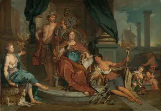 Apotheosis of the Dutch East India Company (Allegory of the Amsterdam Chamber of Commerce of the VOC), Nicolaas Verkolje, 1702 - 1746, oil on canvas