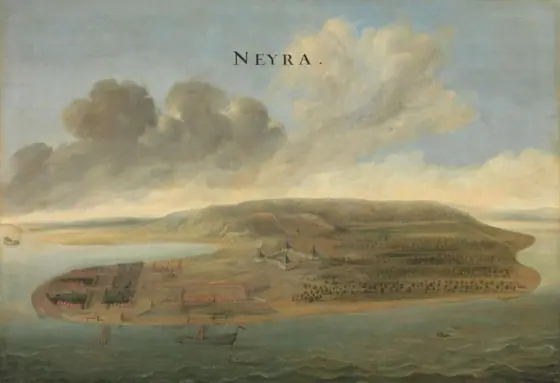 Two Views of Dutch East India Company Trading Posts: Lawec in Cambodia and Banda in the Southern Moluccas, Johannes Vinckboons, c. 1662 - c. 1663, oil on canvas