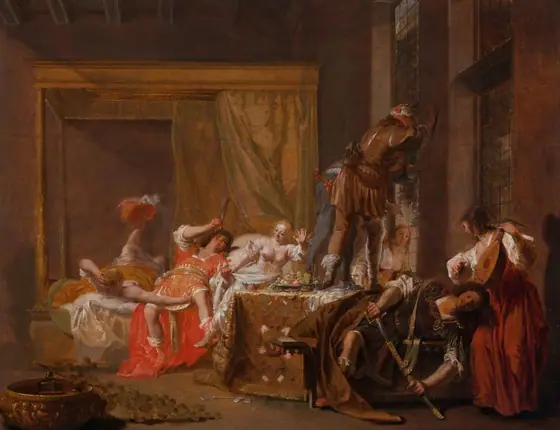 Scene from the Wedding of Messalina and Gaius Sillius, Nicolaes Knupfer, c. 1645 - c. 1650, oil on panel