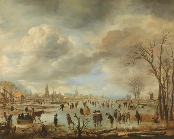 Winter Landscape near a Town with Kolf Players and Horse-Drawn Sleighs, Aert van der Neer, c. 1650 - c. 1655, oil on canvas