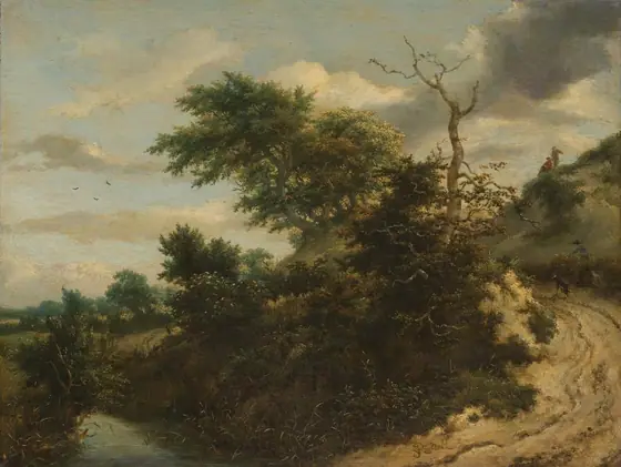 Sandy Track in the Dunes, Jacob van Ruisdael, c. 1650 - c. 1655, oil on panel