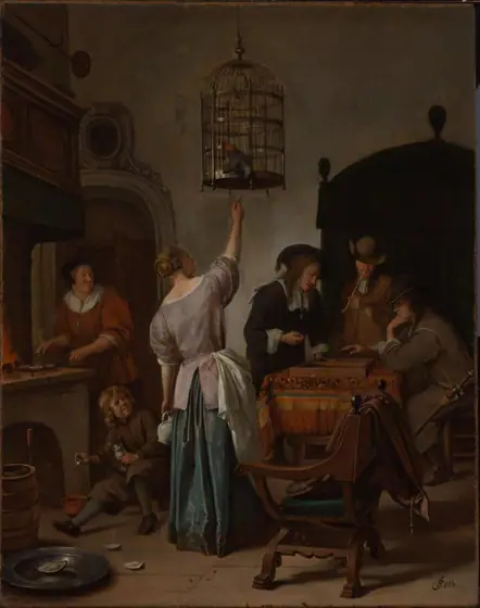 Interior with a Woman Feeding a Parrot, Known as ‘The Parrot Cage’, Jan Steen, c. 1660 - c. 1670, oil on canvas on panel