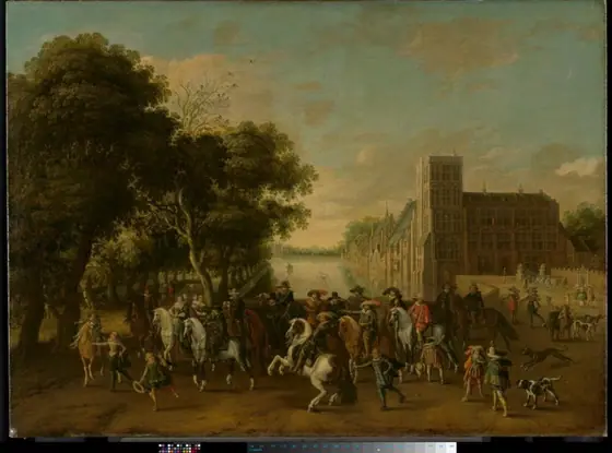 Prince Maurits, Accompanied by Prince Frederik Hendrik, Frederick V of Bohemia and his Wife Elizabeth Stuart, and Others, on the Buitenhof, The Hague, Pauwels van Hillegaert, c. 1621 - c. 1625, oil on canvas