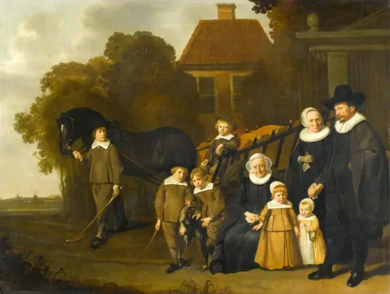 Portrait of the Meebeeck Cruywagen Family near the Gate of their Country Home on Uitweg near Amsterdam, Jacob van Loo, c. 1640 - c. 1645, oil on canvas