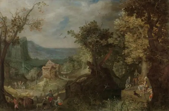 Hunter and Horsemen on a Wooded Road, with a Village in a Valley beyond, Anton Mirou, 1608, oil on copper
