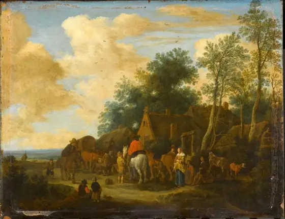 Halting at a Roadside Inn, Pieter de Molijn, 1657, oil on copper
