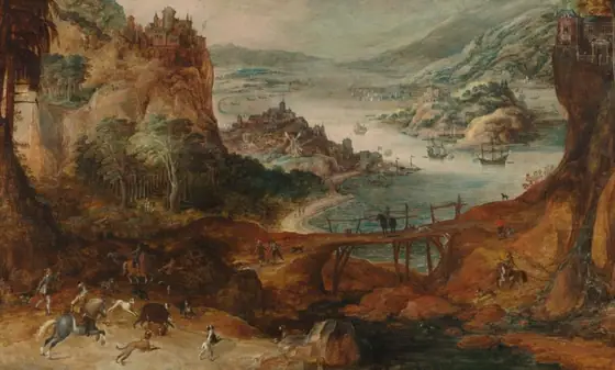 River Landscape with Boar Hunt, Joos de Momper the Younger, c. 1590 - c. 1635, oil on panel