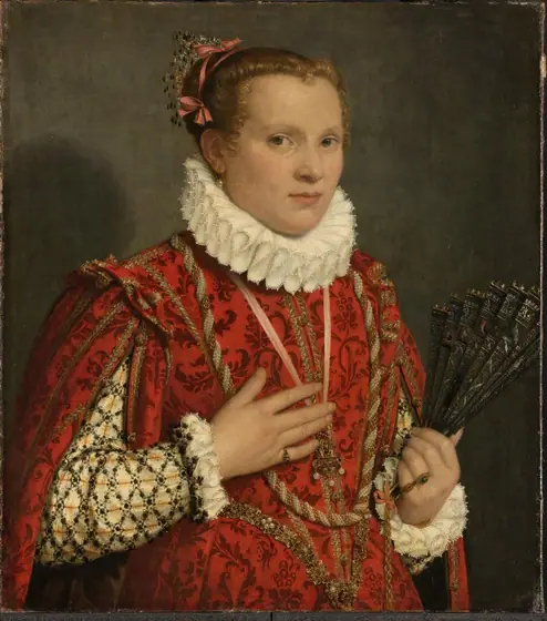 Portrait of a young woman holding a fan, Giovanni Battista Moroni, 1560 - 1578, oil on canvas