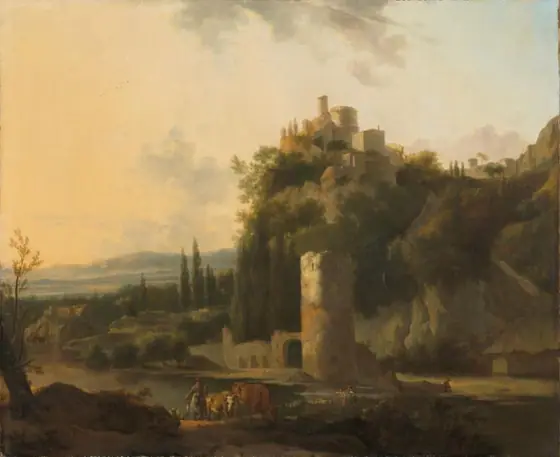 Italina landscape with round tower, Frederik de Moucheron, 1667, oil on canvas