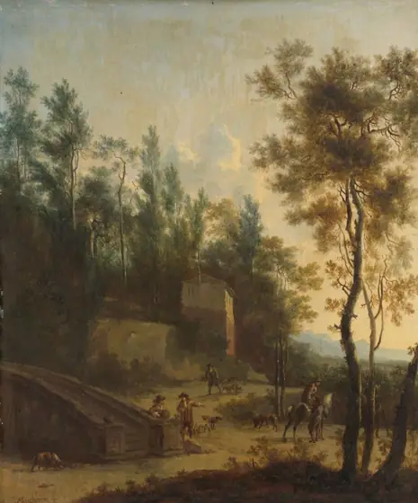 Italian Landscape with Hunters, Frederik de Moucheron, 1660 - 1686, oil on panel