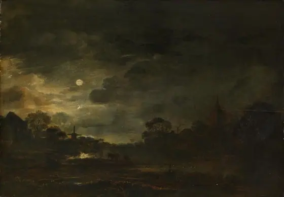 Landscape by Moonlight, Aert van der Neer, c. 1640 - c. 1650, oil on panel
