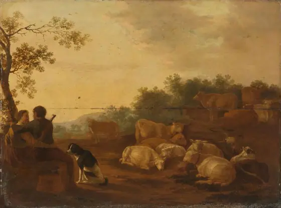 Landscape with sheperd, sheperdess and cattle, W. Ossenbeck, c. 1632, oil on panel