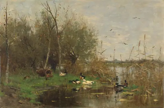 Ducks beside a duck shelter on a ditch, Geo Poggenbeek, 1884, oil on canvas