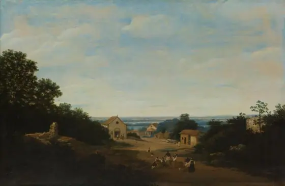 Brazilian landscape with the village of Igaraçú. To the left the church of Sts Cosmas and Damian, Frans Jansz Post, 1659, oil on panel