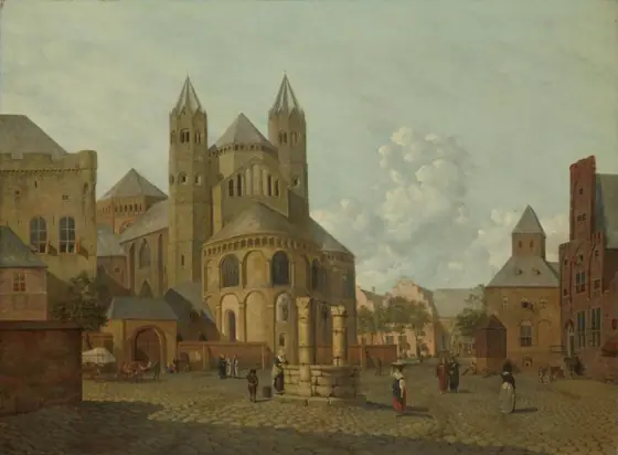 Imaginary Cityscape with Romanesque Church, Johannes Huibert Prins, 1793, oil on panel