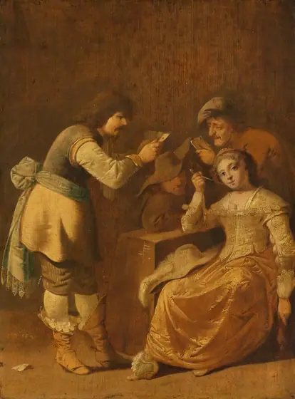 Card Players with Woman Smoking a Pipe, Pieter Jansz Quast, c. 1635 - c. 1640, oil on panel