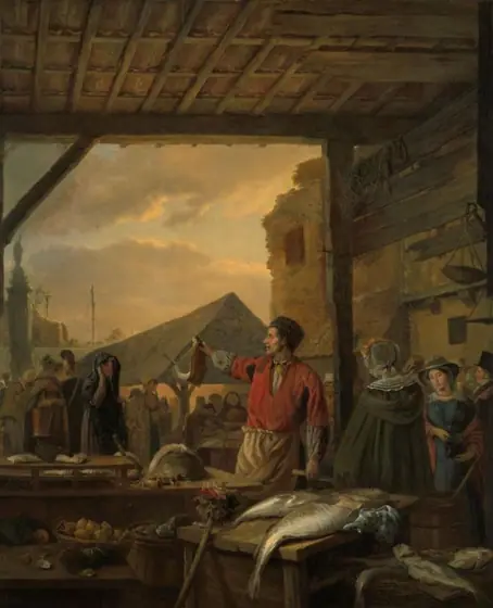 The Fish Market in Antwerp, Ignatius Josephus Van Regemorter, 1827, oil on panel