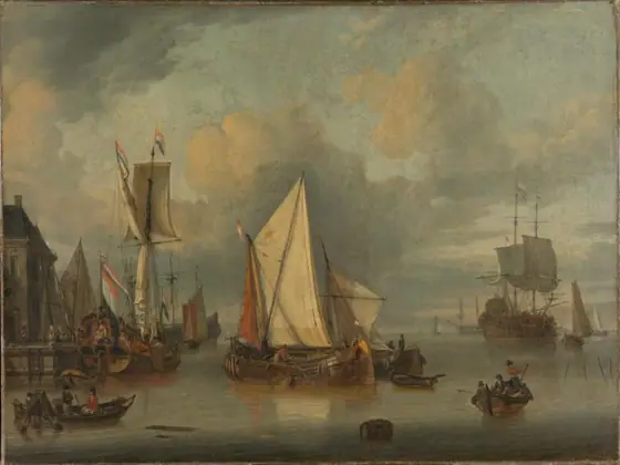 A Calm (Ships in the Harbor by Calm Weather), Jan Claesz. Rietschoof, 1675 - 1719, oil on canvas