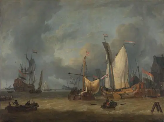 A Storm (Ships in the Harbor in a Stiff Breeze), Jan Claesz. Rietschoof, 1675 - 1719, oil on canvas